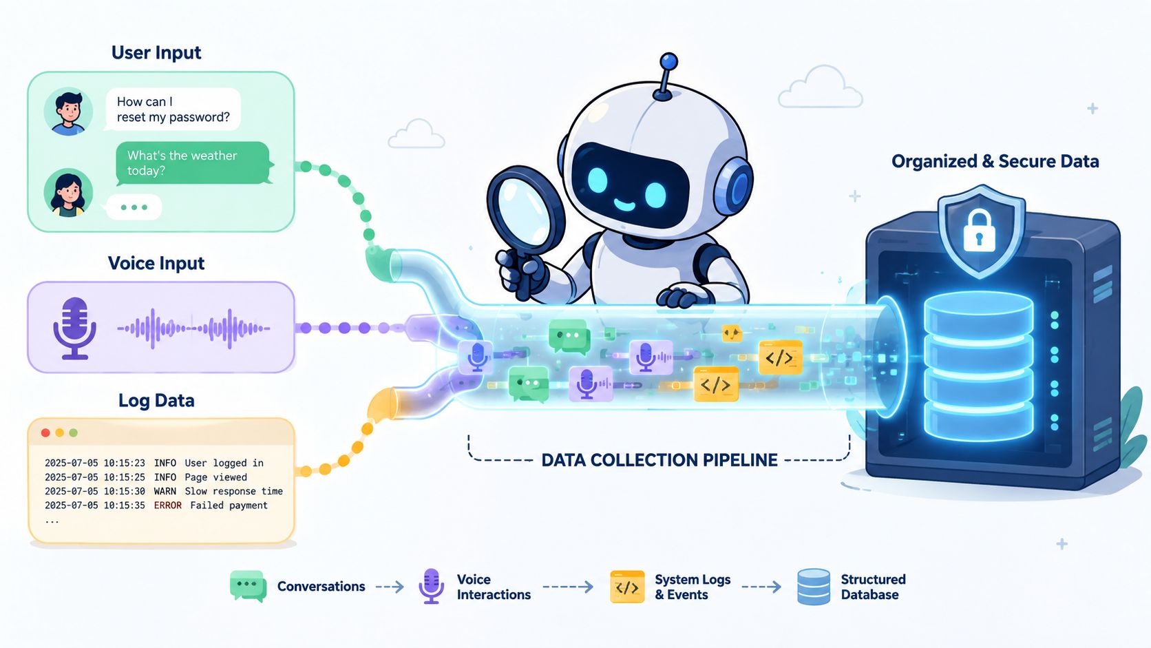 A robot analyzing various data types like chat, voice, and logs flowing into a secure database.
