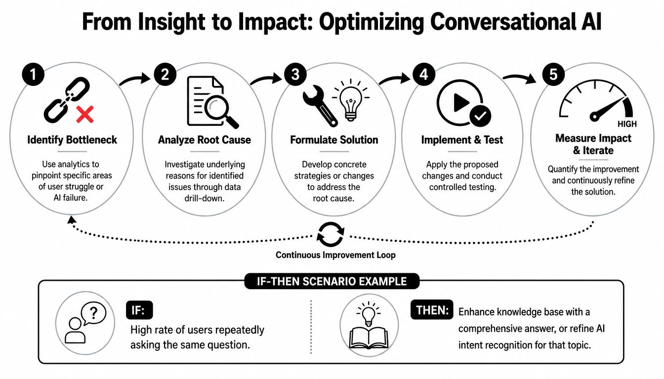 A process diagram showing five steps for optimizing Conversational AI from identifying bottlenecks to continuous improvement.