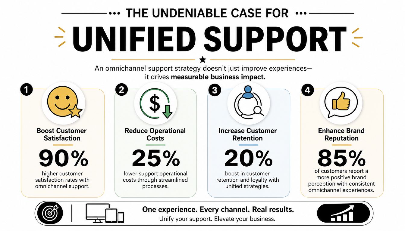 An infographic highlighting the business benefits of unified omnichannel customer support, including increased satisfaction, lower costs, and retention.