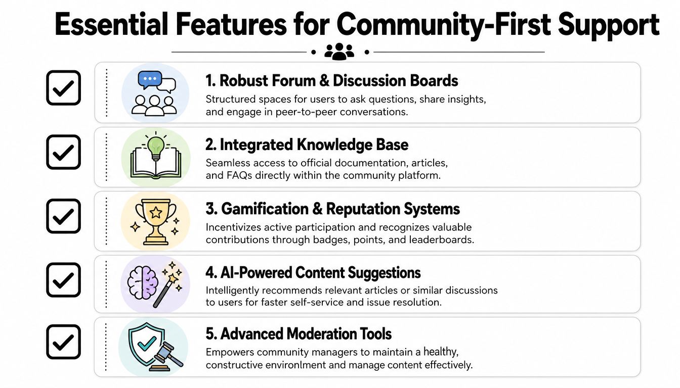 A list of five essential features for community-first support including forums, knowledge base, gamification, AI, and moderation.