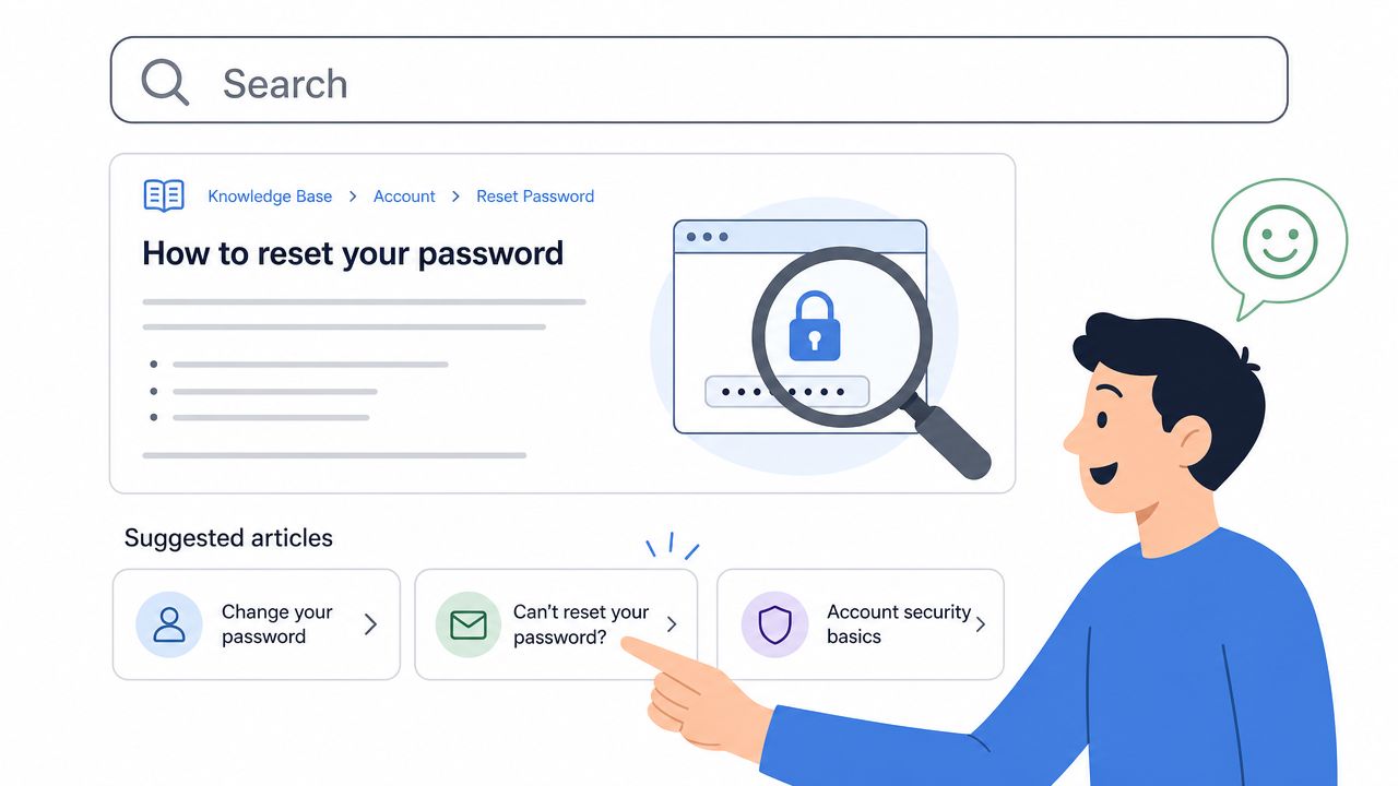 An illustration of a person interacting with a digital knowledge base for account password reset support.