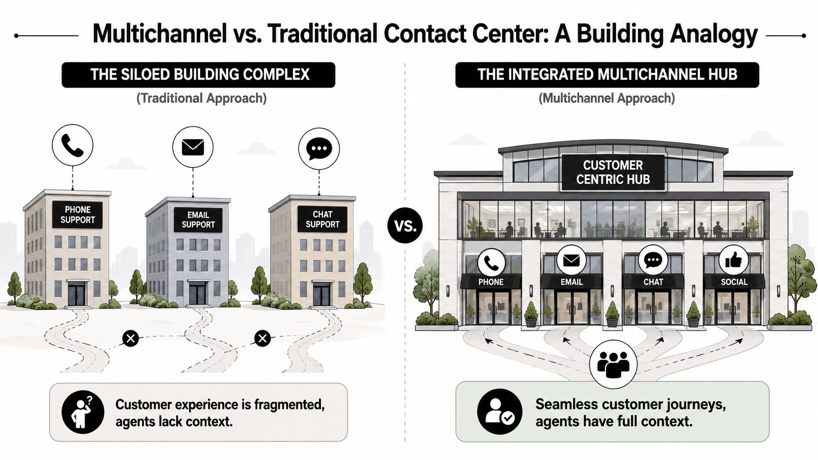 An infographic comparing a fragmented siloed building complex against an integrated multichannel customer support hub.