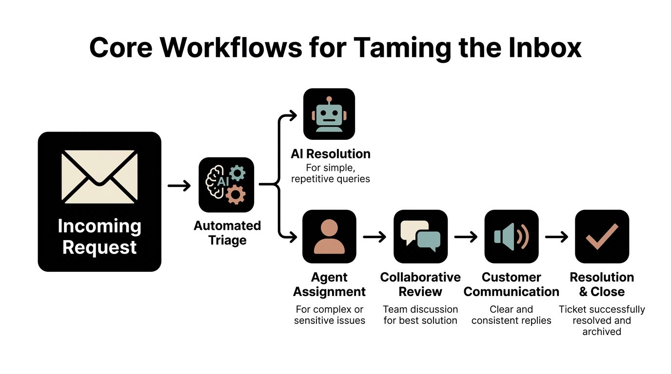 A diagram illustrating core workflows for managing a shared inbox, covering automated triage, AI resolution, and agent-led resolution.