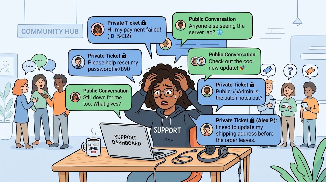 Stressed support worker managing multiple customer tickets and public community conversations on a laptop dashboard.