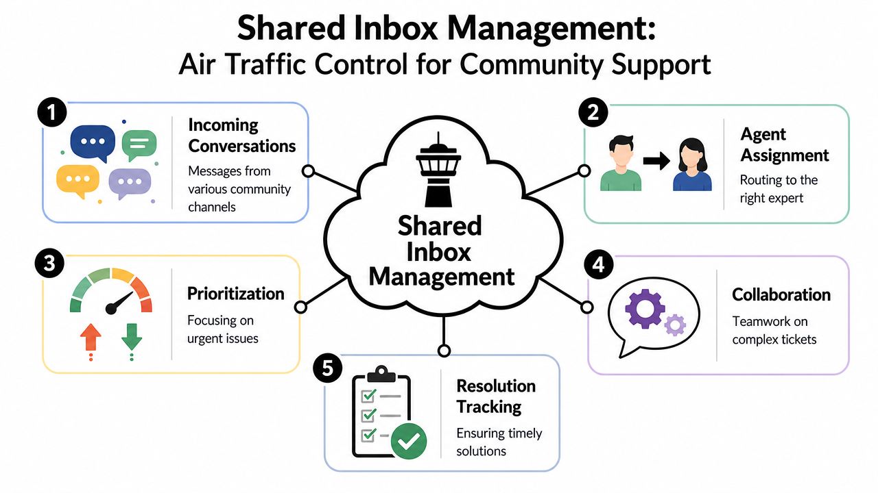 A diagram illustrating five essential steps for effective shared inbox management for community support teams.