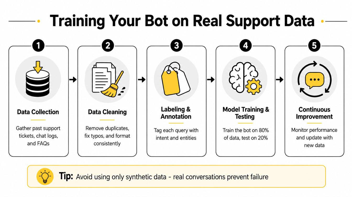 A flowchart showing five steps to train an AI customer service bot using real support data.