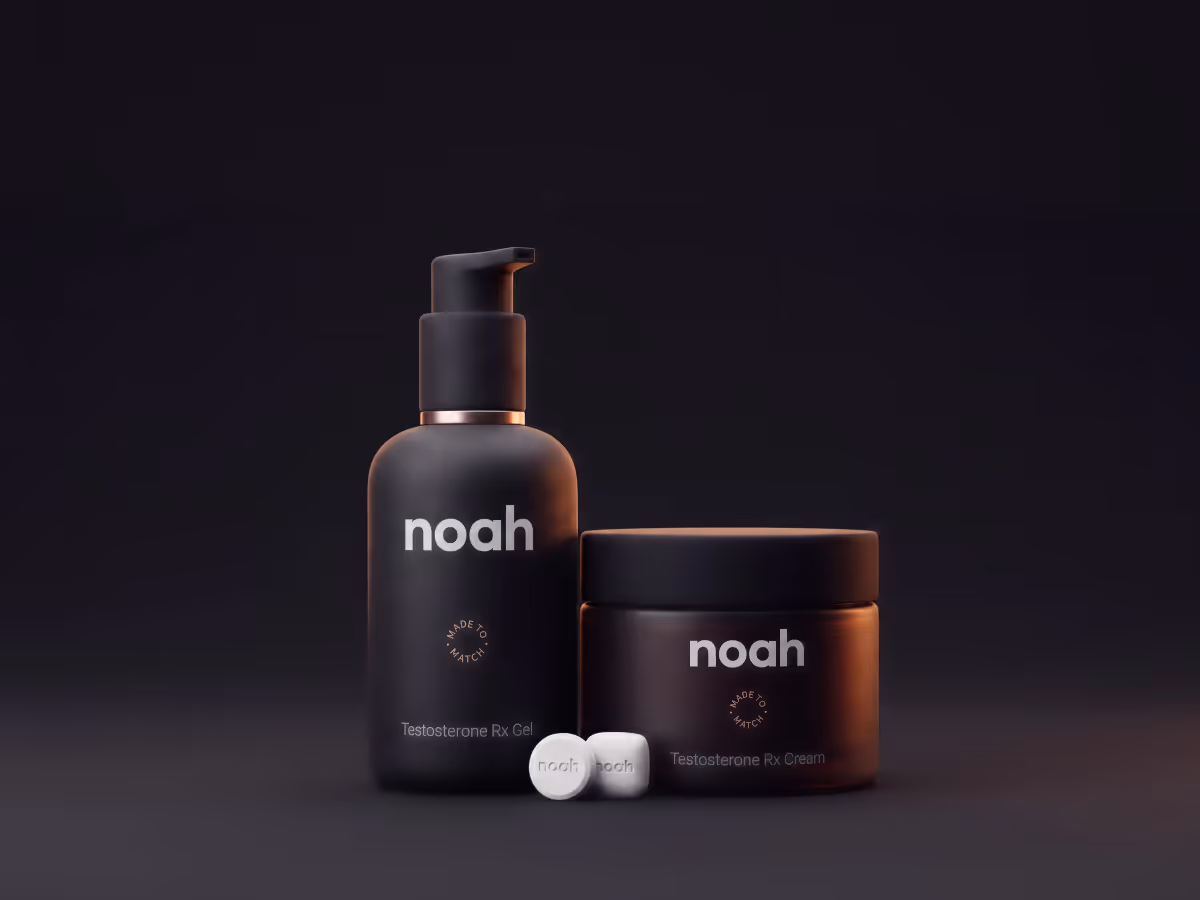 Noah brand testosterone Rx gel pump bottle, cream jar, and two round white pills on dark background.