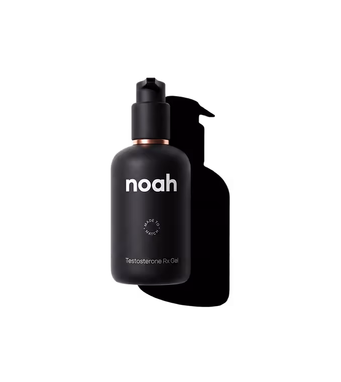 Black bottle of Noah Testosterone Rx Gel with pump dispenser on black background.