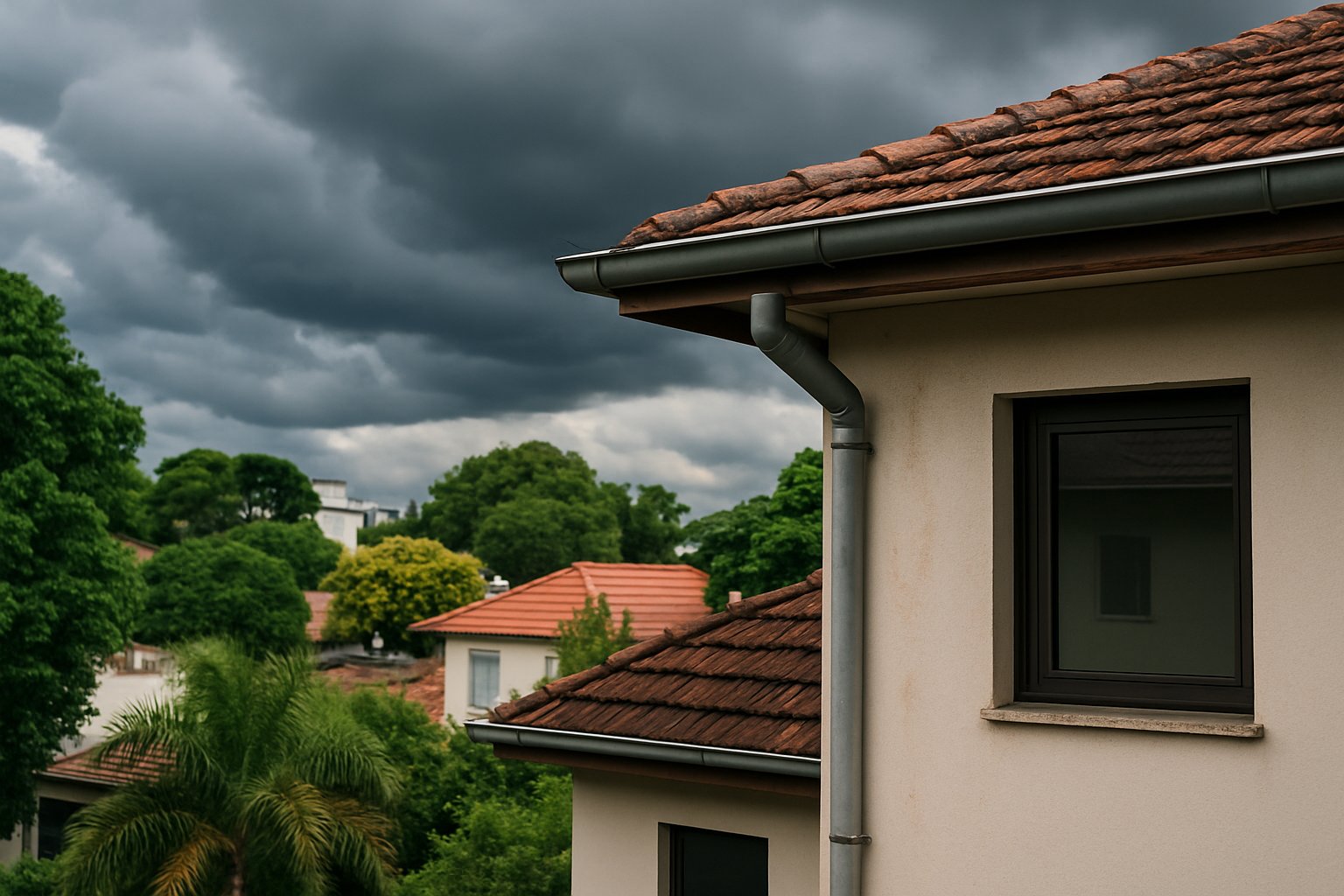 Casa residencial em São Paulo com céu nublado e nuvens de tempestade ao fundo, mostrando sinais sutis de vazamentos no telhado.