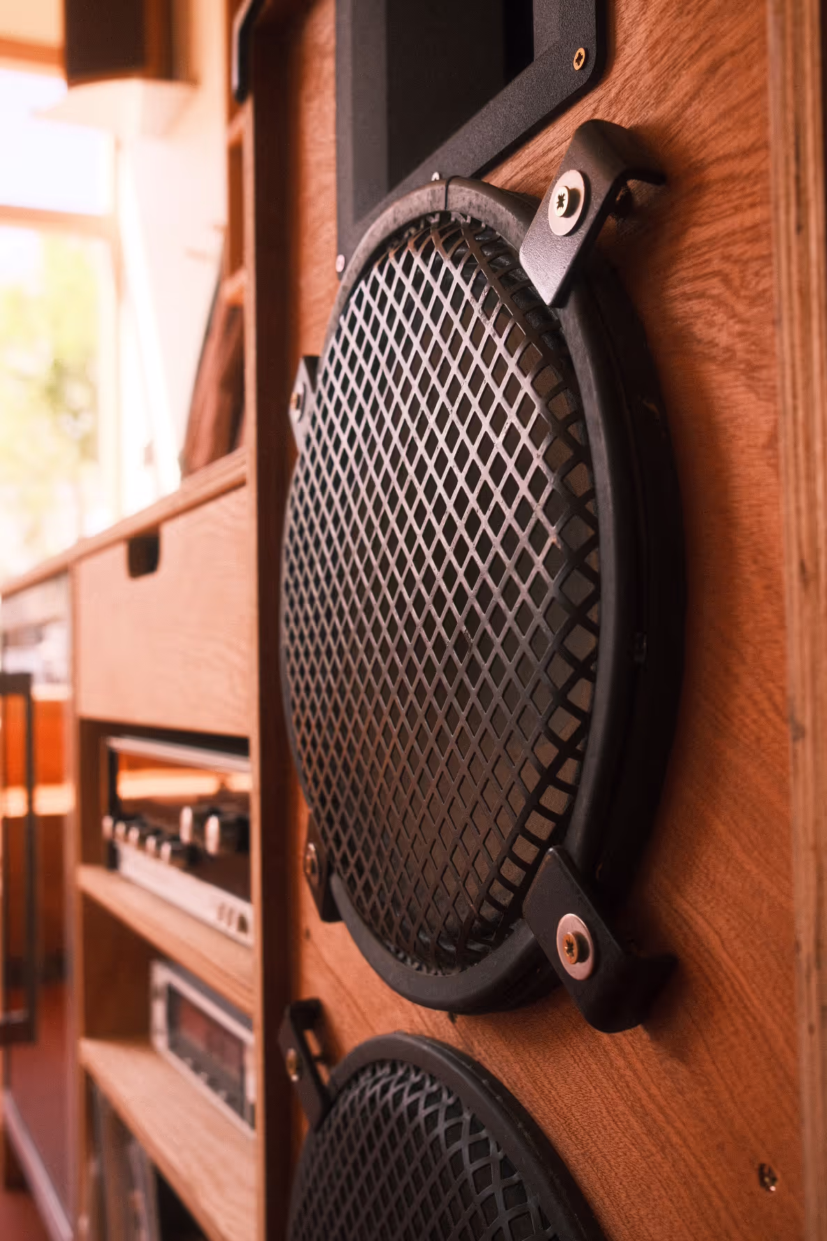 A photo of Plug London's sound system speaker in the hair salon.