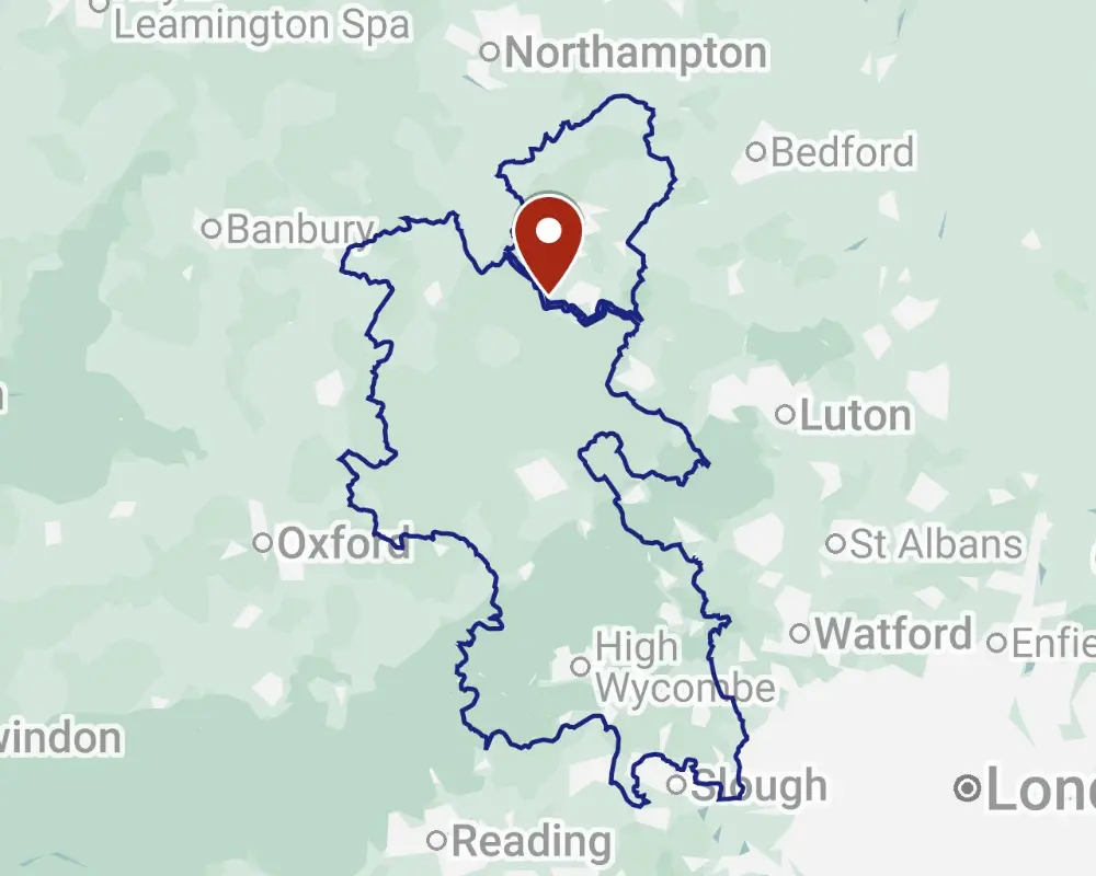 An outlined map of Bucks county, showing a location pin for Tattenhoe Park