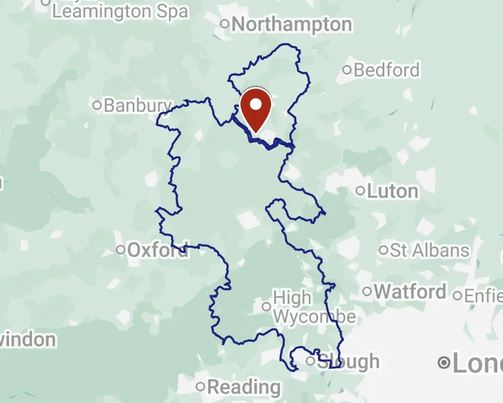 An outlined map of Bucks county, showing a location pin for Tattenhoe