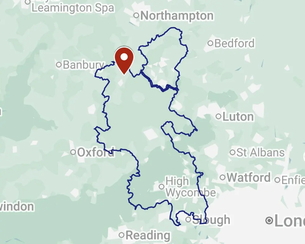 An outlined map of Bucks county, showing a location pin for Foxcote Reservoir