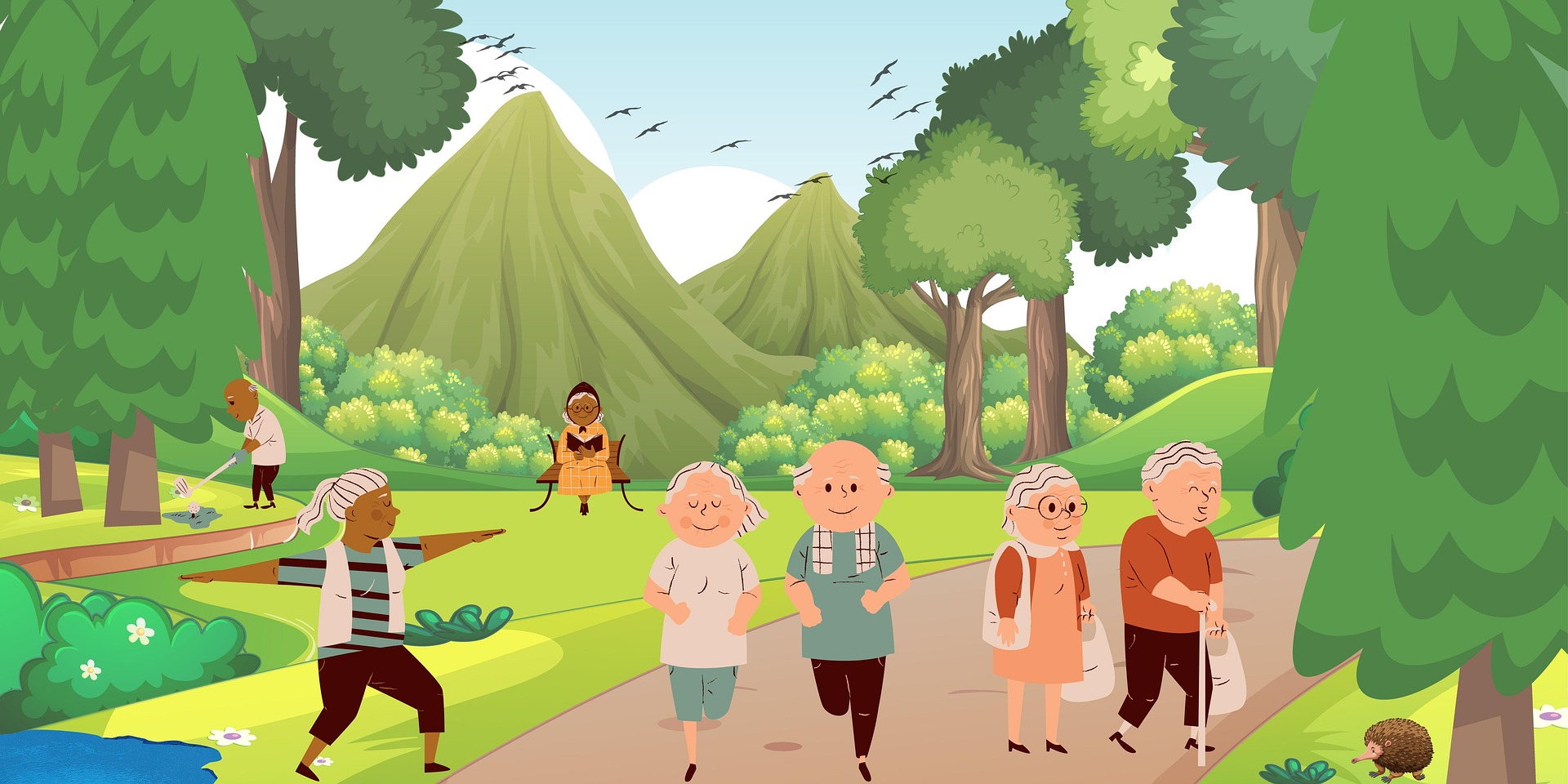 Exercising elderly people in an 2D art style
