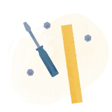 Illustration of a screwdriver, a ruler, and three nuts on a light abstract background.