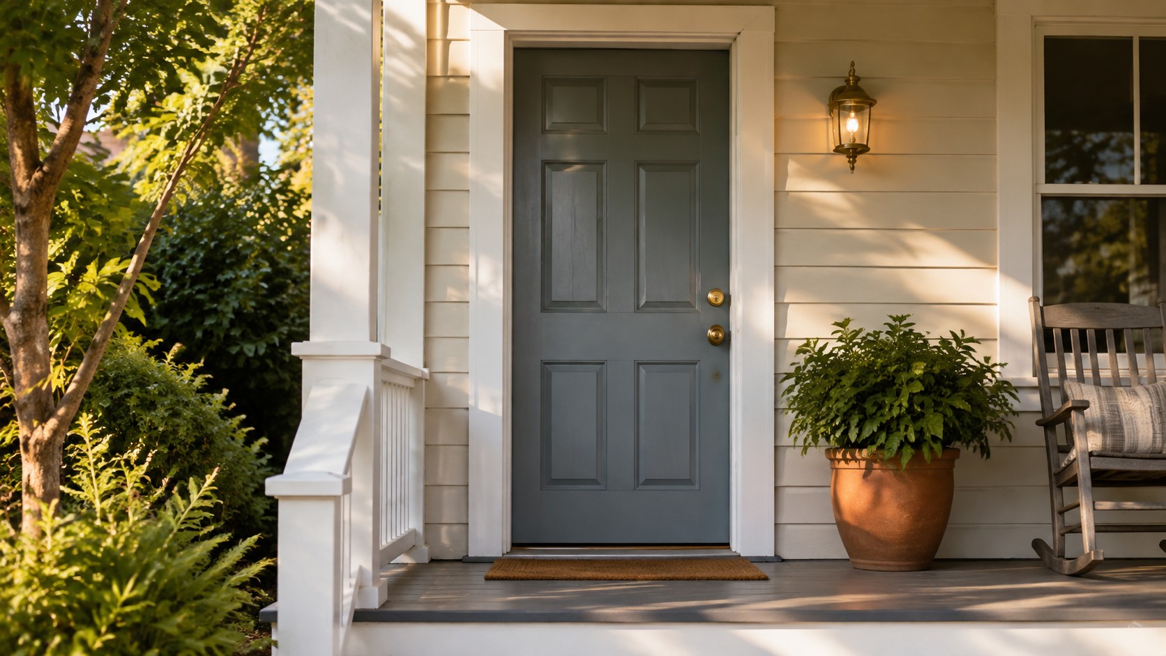 Sunlit front porch with a blue-gray door, potted greenery, and a wooden rocking chair.