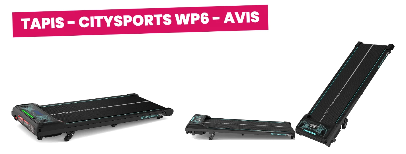 Tapis de marche CITYSPORTS WP6 : vue de trois quarts, de profil et redressé sur ses roulettes