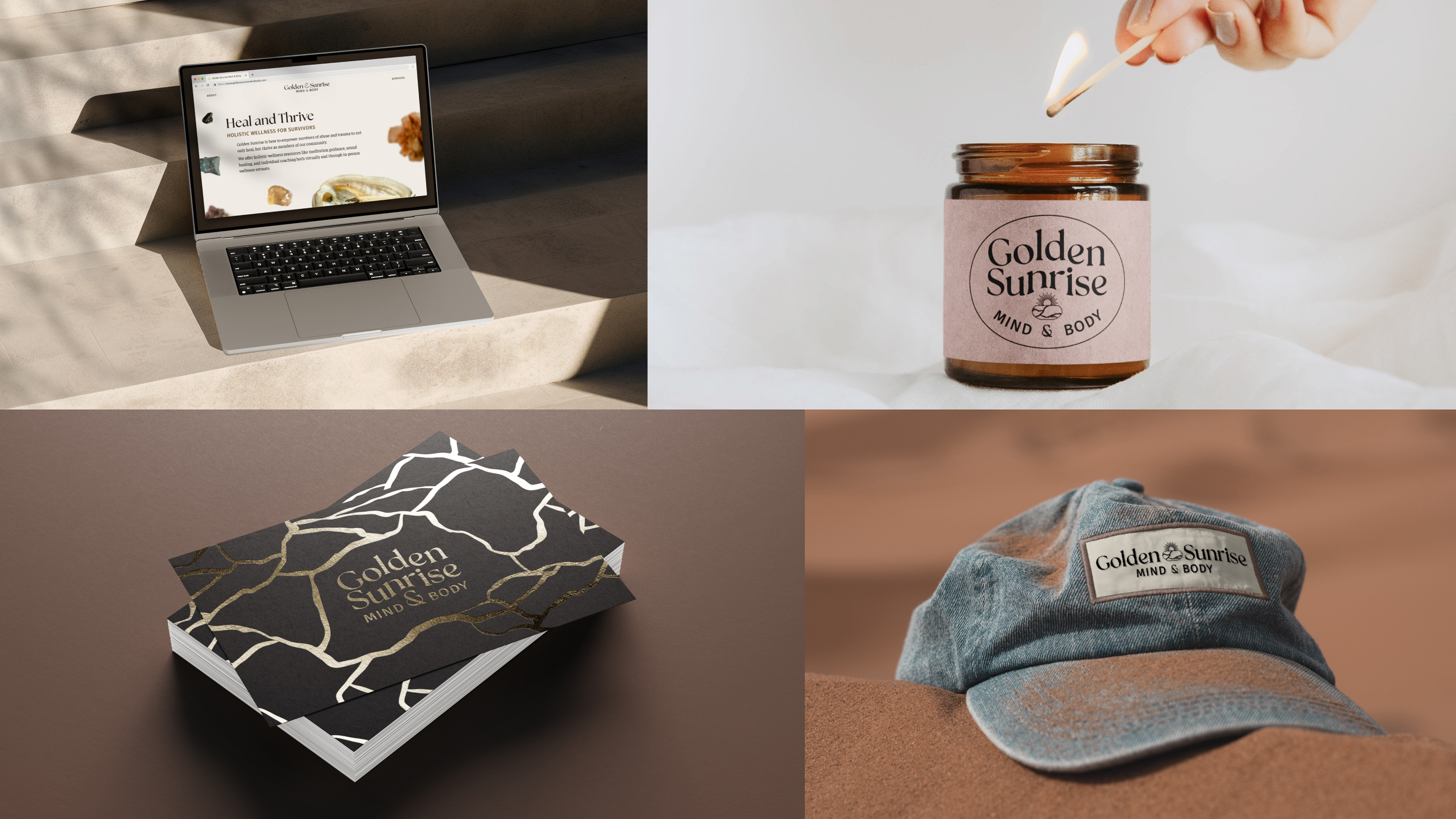 Mockups showing the brand in action.  1: The Golden Sunrise website landing page shown on a MacBook Pro laptop that sits on stairs in dappled sunlight. 2: The submark logo printed on a jarred candle's label as it sits on white linen ground and is about to be lit by a woman's hand. 3: A stack of business cards that show the primary logo framed by the kintsugi-inspired brand pattern, printed in gold foil on a dark umber backgorund. 4: A denim baseball hat on rust-colored sand with an embroidered patch showing the secondary logo.