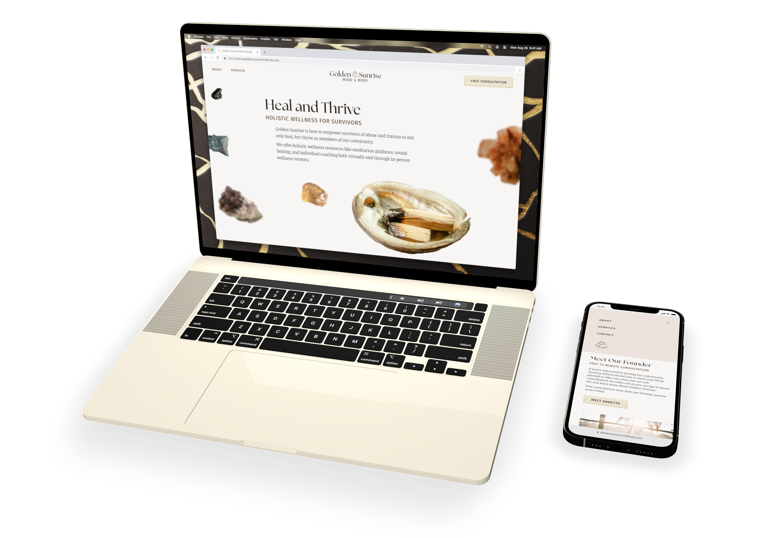 Mockup showing the Golden Sunrise website on a MacBook Pro in the Chrome browser and the same on an iPhone 12 in the Safari browser. The gold laptop shows the above-the-fold section of the home page with the heading "Heal and Thrive: Holisitic Wellness for Survivors." Its desktop background features a textured pattern of golden kintsugi cracks. The phone shows the scrolled home page with the mobile nav menu open. The "Meet Our Founder" section of the page is visible.
