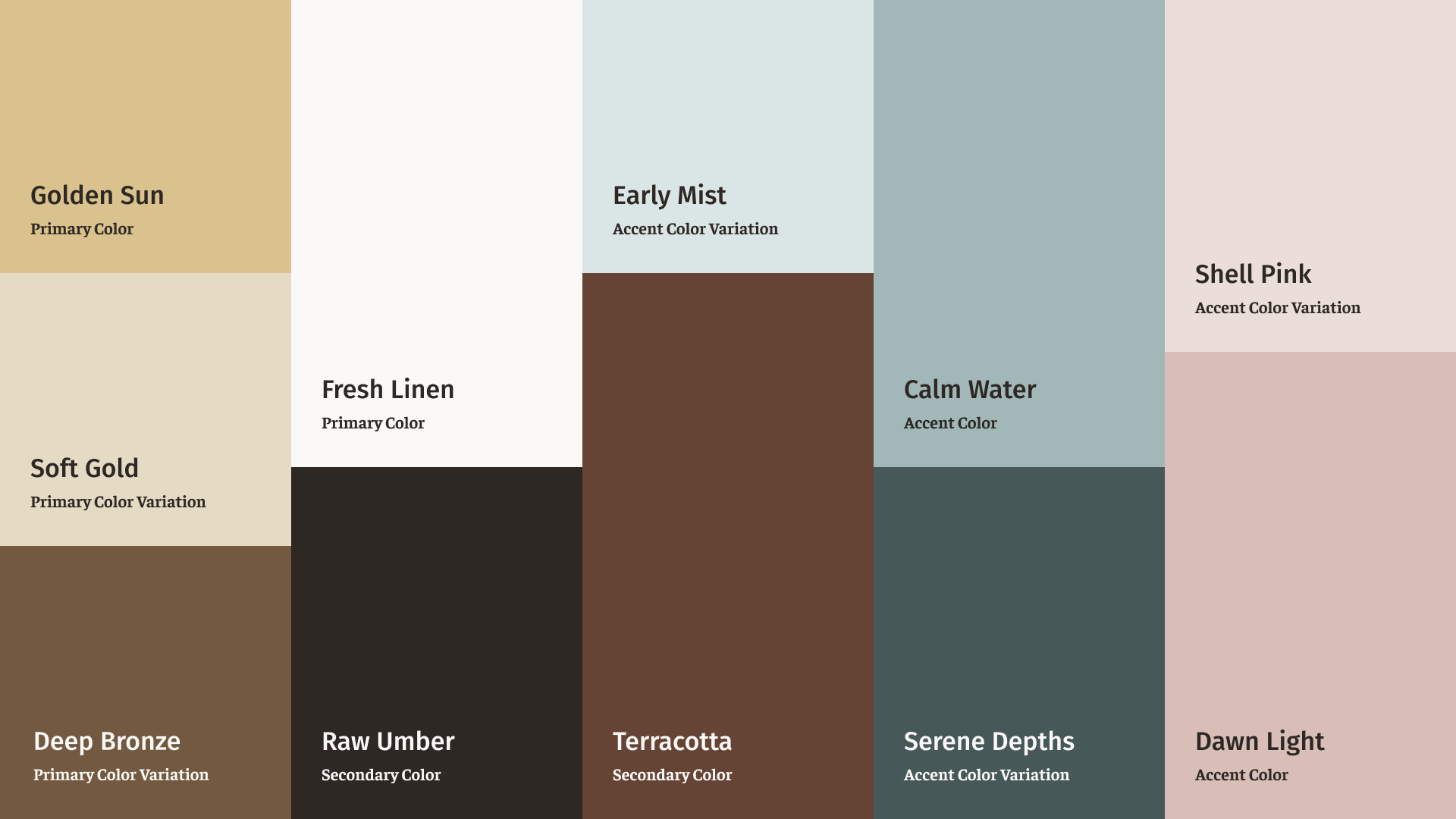 Color palette with hierarchy and variations. Golden Sun is the primary brand color and has Soft Gold and Deep Bronze as light and dark variations. Fresh Linen is another primary color. Raw Umber and Terracotta are secondary colors. Calm Water is an accent color with Early Mist and Serene Depths as light and dark variations. Dawn Light is an accent color with Shell Pink as a lighter variation.