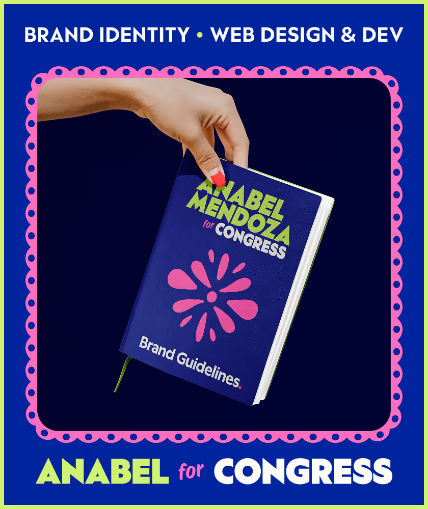 Anabel for Congress: brand identity, web design and development. Image shows a mockup of the Brand Guidelines as a booklet held by a hand with brightly painted fingernails.