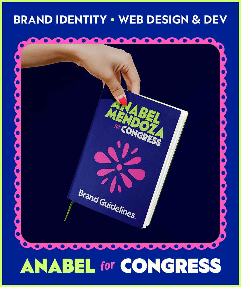 Anabel for Congress: brand identity, web design and development. Image shows a mockup of the Brand Guidelines as a booklet held by a hand with brightly painted fingernails.