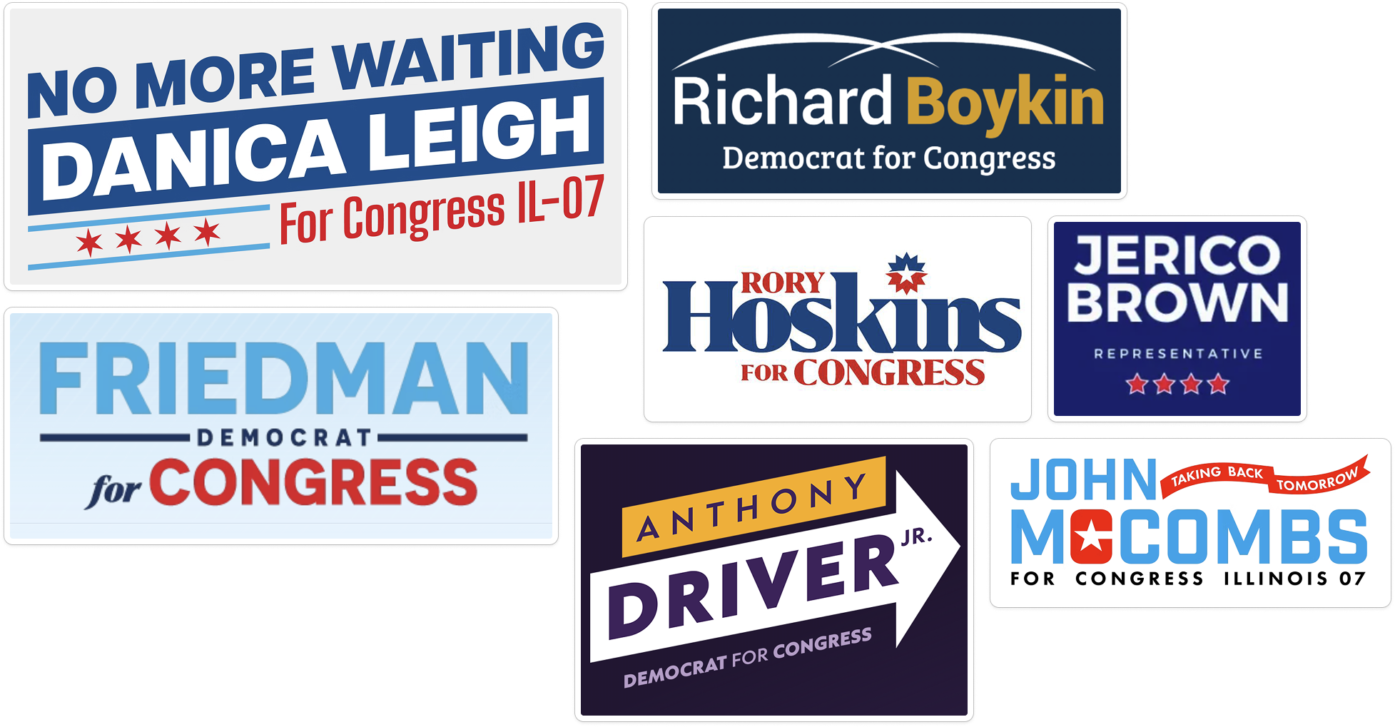 Competitors' logos: Danica Leigh, Richard Boykin, Friedman, Rory Hoskins, Jerico Brown, Anthony Driver Jr., and John McCombs.