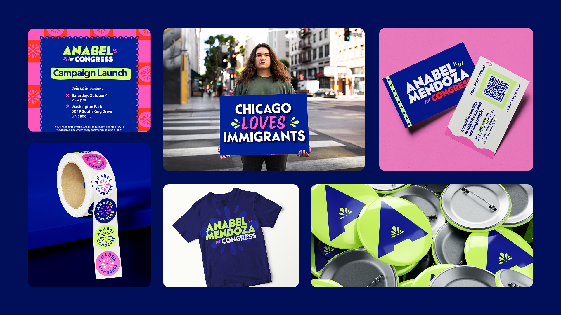 Various mockups show the band in use on social media, tshirts, buttons, and business cards.