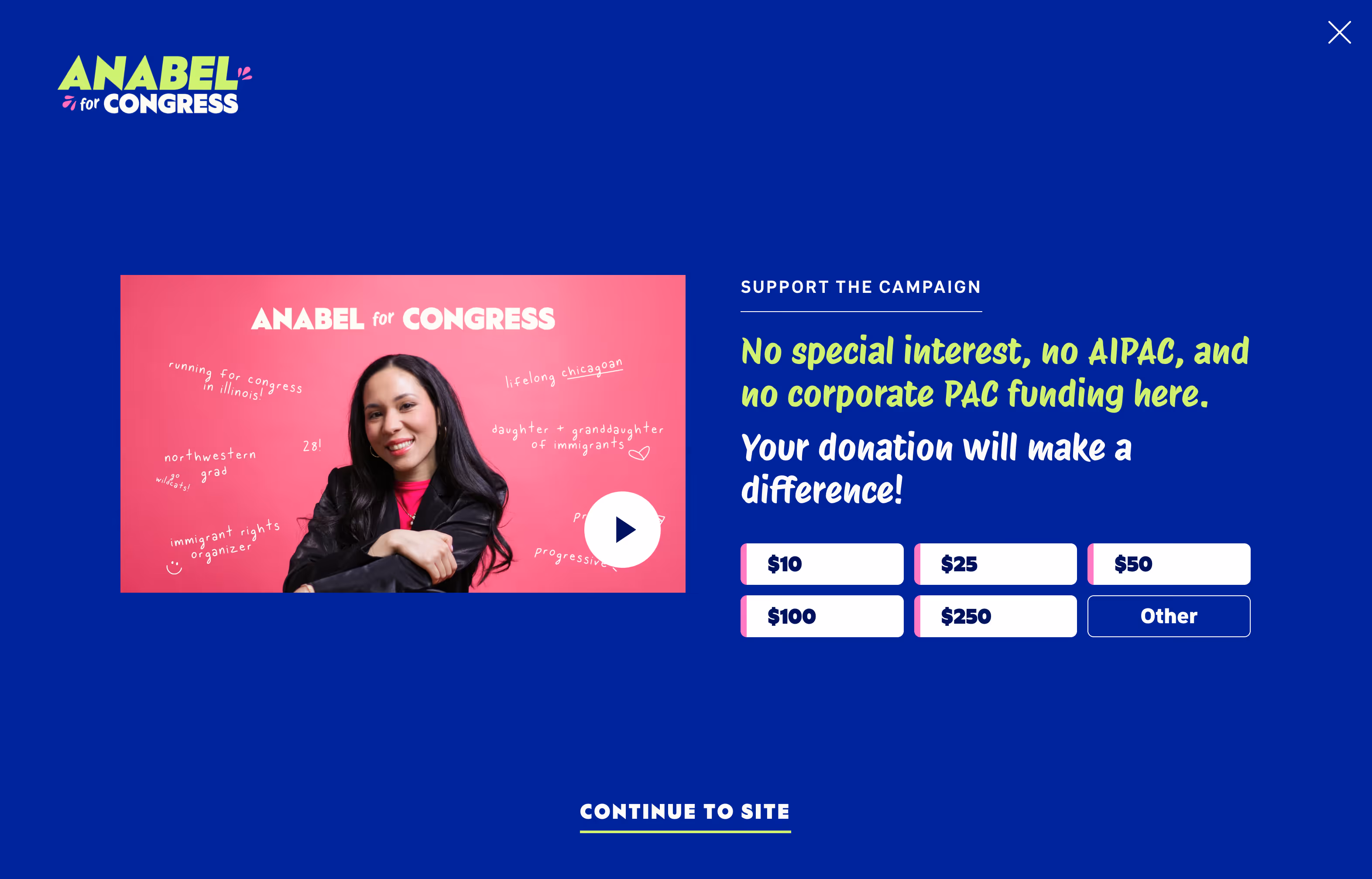 A popup on the website shows a link to a YouTube video of Anabel introducing herself alongside "Support the Campaign: No special interest, no AIPAC, and and no corporate PAC funding here. Your donation will make a difference!" The text is followed by donation links for various amounts.