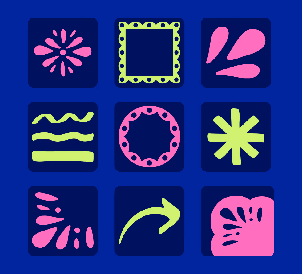 Brand assets include arrows and highlights inspired by corner store signage as well as scalloped borders with dotted accents and simple floral flourishes inspired by the art of papel picado.