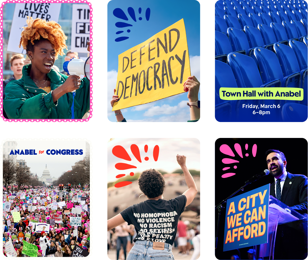 Bright and colorful photos show protests, blue stadium seats, and politically active people. Brand elements like the papel picado-inspired borders and flourishes are used as accents.