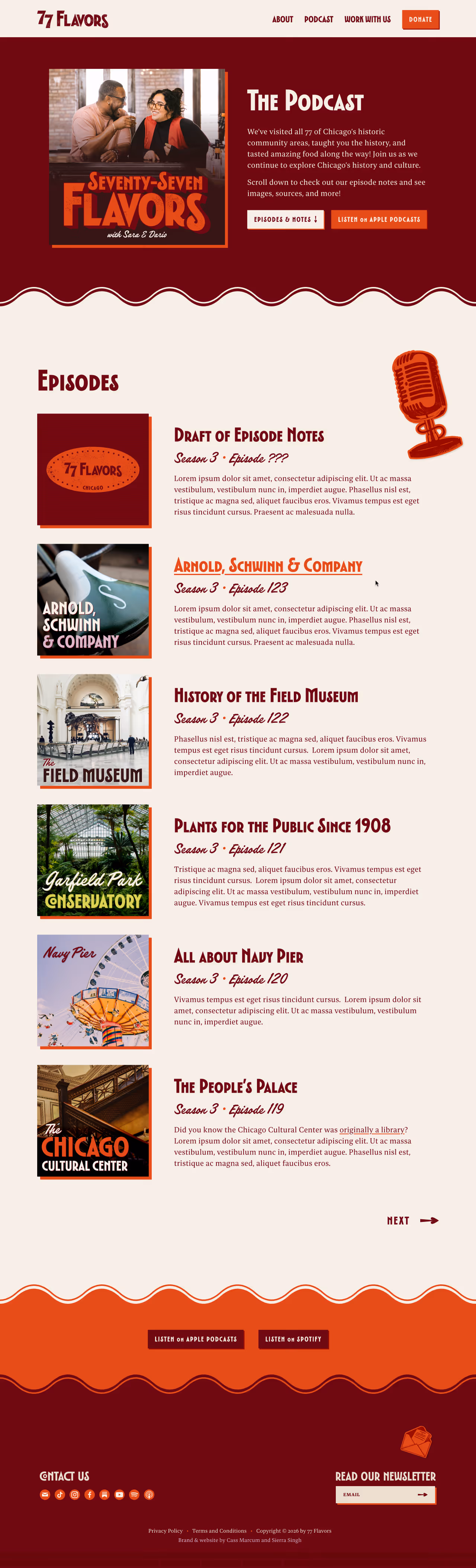 A screenshot of the Podcast page features the 77 Flavors Podcast Cover, a decorative retro microphone sticker, and a list of episodes.