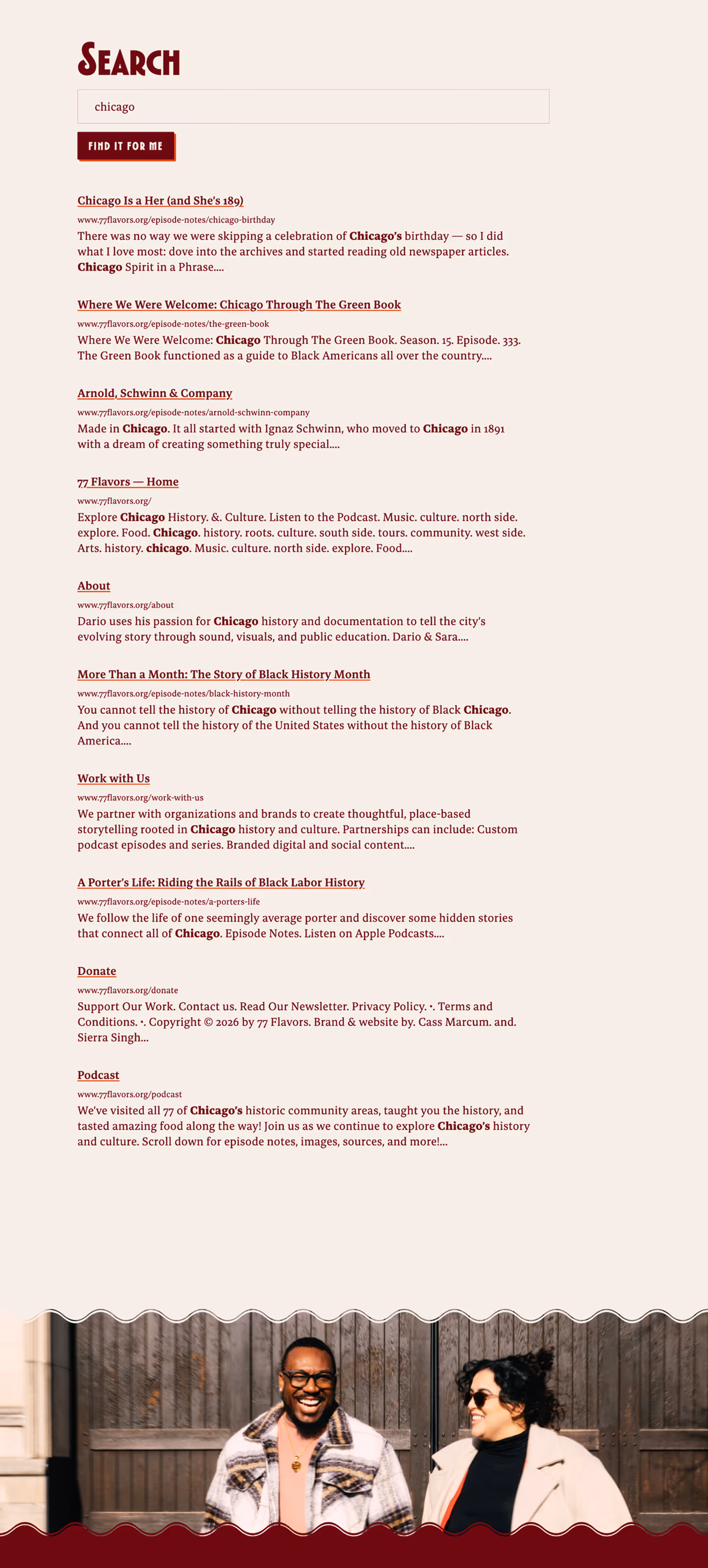 A screenshot of the Search page shows results for the search term "Chicago".