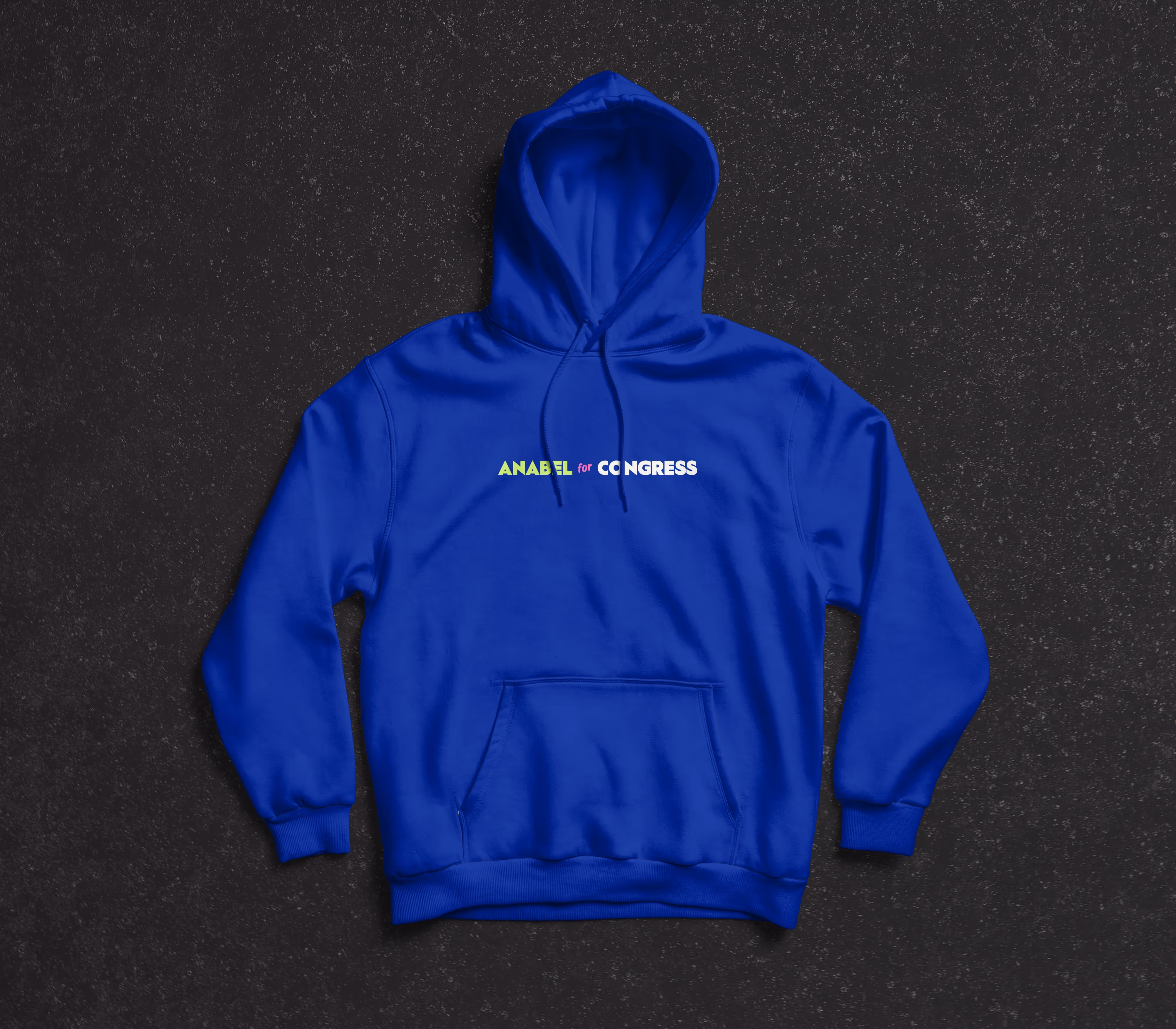 Front view of cobalt blue hoodie printed with the Anabel for Congress horizontal logo in full color.