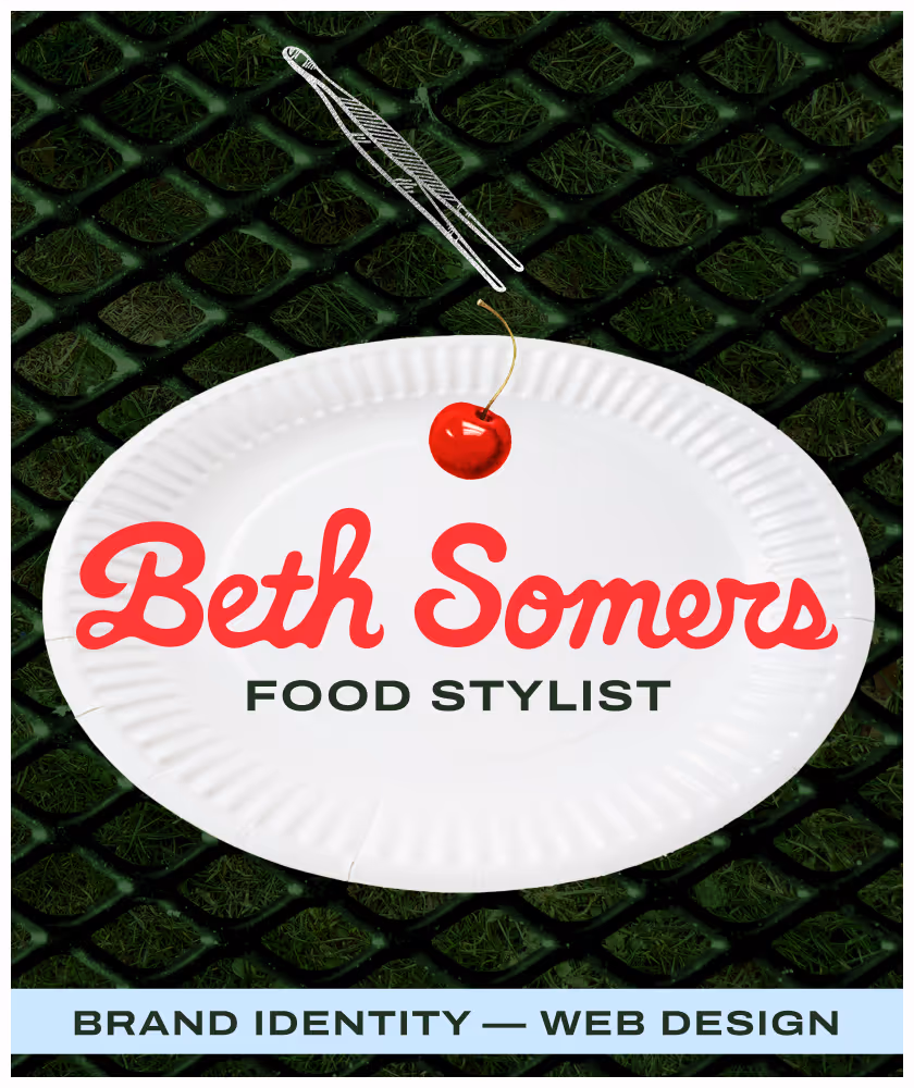 "Beth Somers" in rounded script as if written with sauce or frosting. "Food stylist" in an expanded sans serif font. A banner reads "Brand identity — web design." Foreground shows an illustration of silver tweezers holding a cherry by the stem. On hover, the image shifts from grayscale to color and the cherry drops closer to the Beth Somers logo. Background shows an image of a white paper plate with a dark green metal mesh picnic table surface and grass below it.