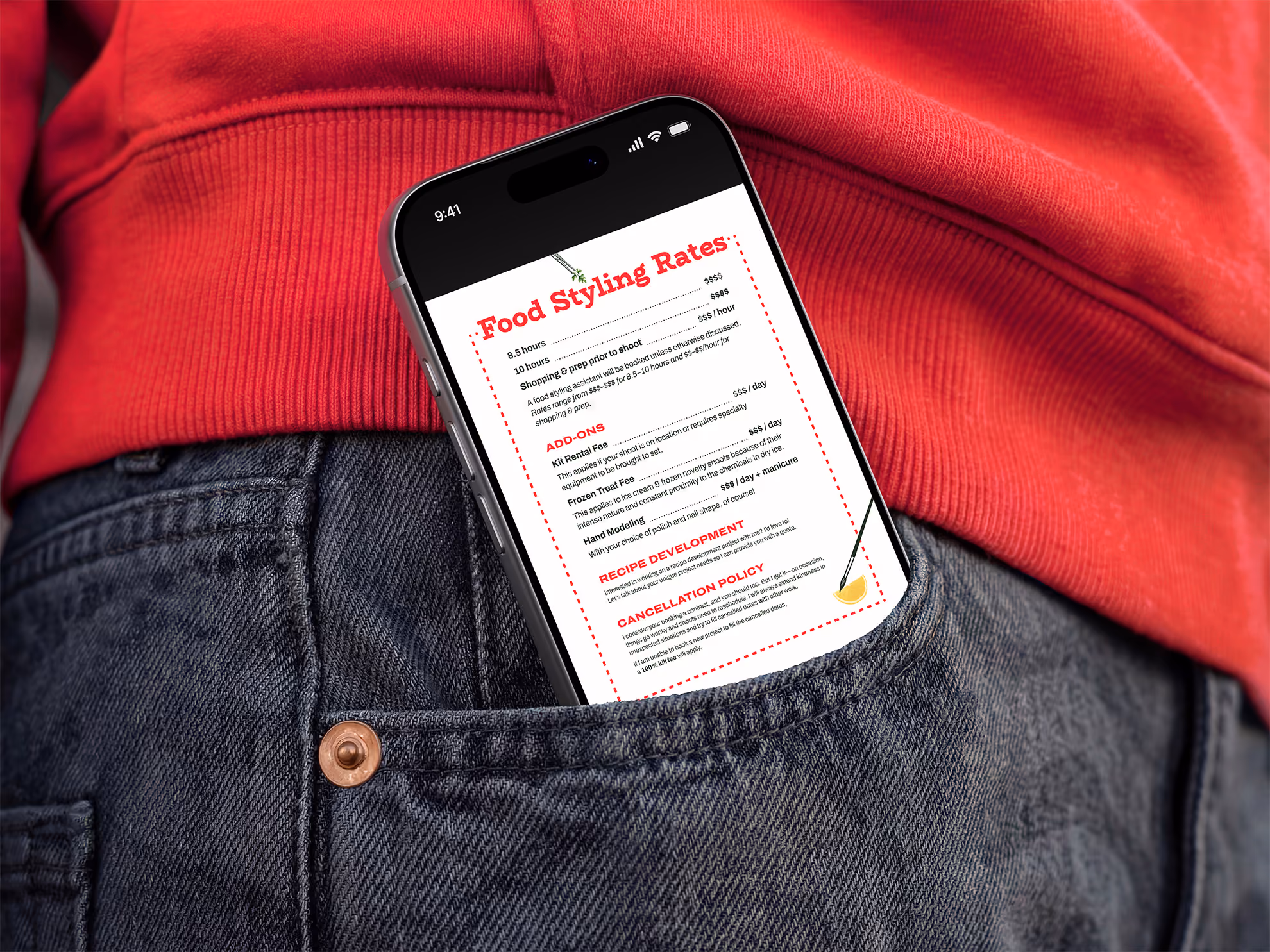Mockup of an iPhone in a woman's jeans pocket against her red sweatshirt. The screen shows a menu-style PDF titled "Food Styling Rates" with a cherry red dashed border. Subheadings read "Add-Ons," "Recipe Development," and "Cancellation Policy." The page is decorated with illustrations of tweezers placing a sprig of parsley and a paintbrush touching a lemon wedge.