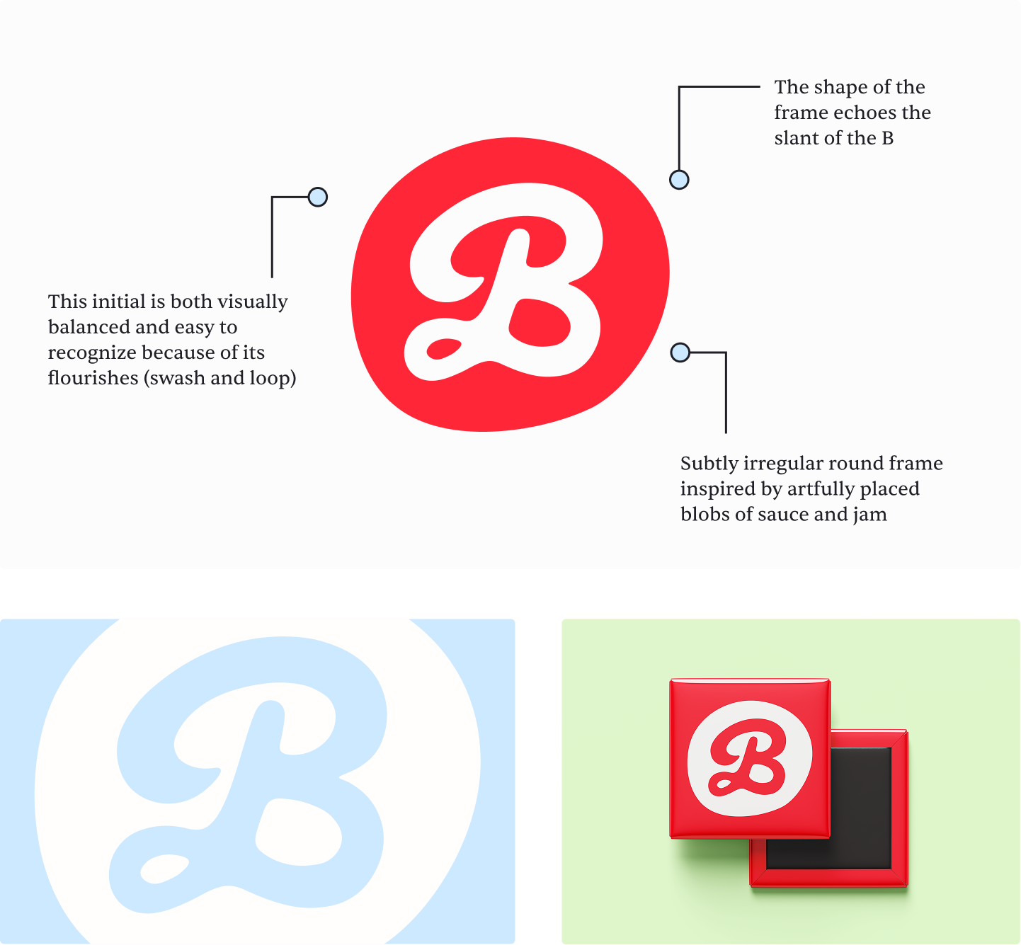 The mini mark alongside a mockup that shows it printed on a square fridge magnet. The logo has three annotations. The first reads "This initial is both visually balanced and easy to recognize because of its flourishes (swash and loop)." The second annotation reads "The shape of the frame echoes the slant of the B." The third reads "Subtly irregular round frame inspired by artfully placed blobs of sauce and jam."