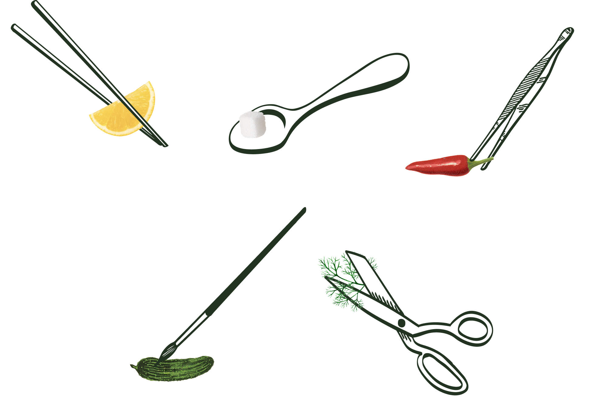 Collage-style illustrations of chopsticks holding a slice of lemon, a spoon holding a sugar cube, tweezers around the stem of a small red chili pepper, a detail paintbrush touching a small pickle, and scissors cutting a sprig of dill.