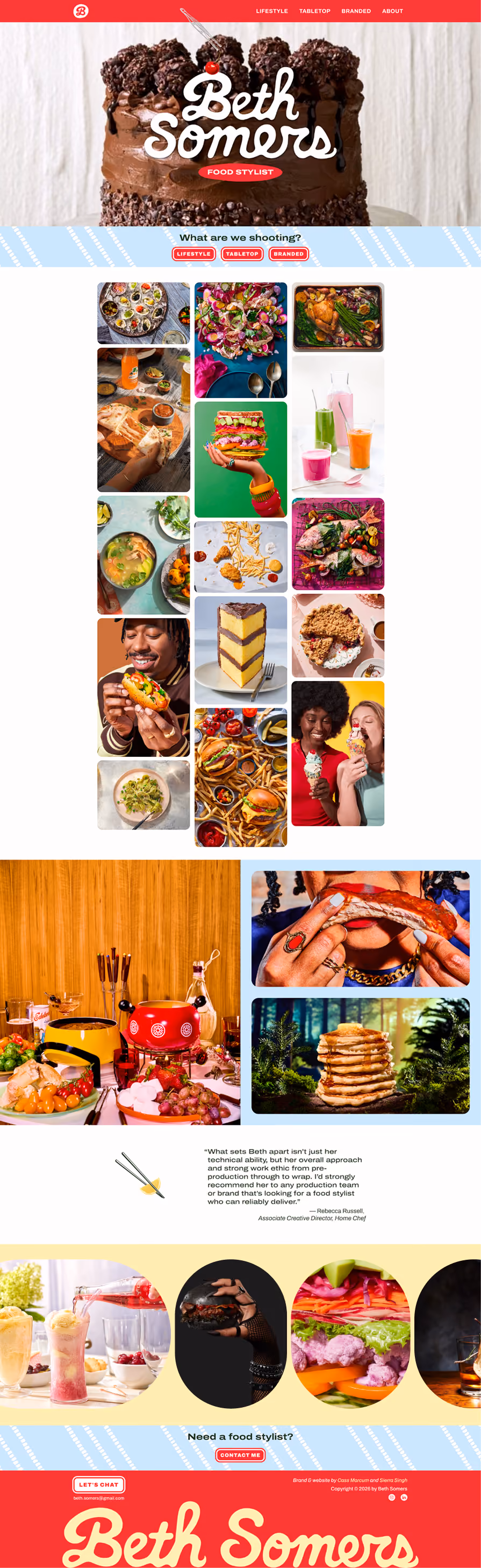 Screenshot of home page design shows multiple galleries that display Beth's work as both still and animated images as well as a testimonial section. The CTA says "Need a food stylist? Contact Me"