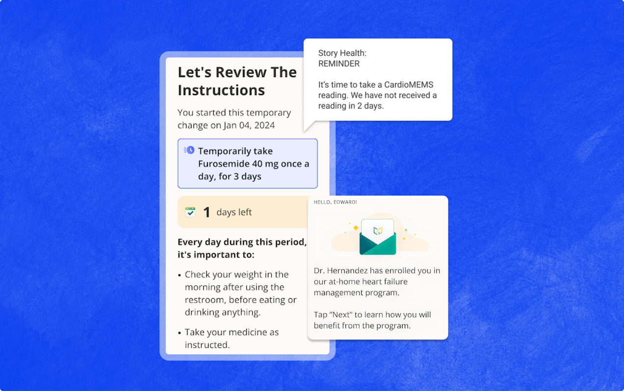 Patient app guiding daily tasks, medication reminders, and remote monitoring in cardiology specialty care