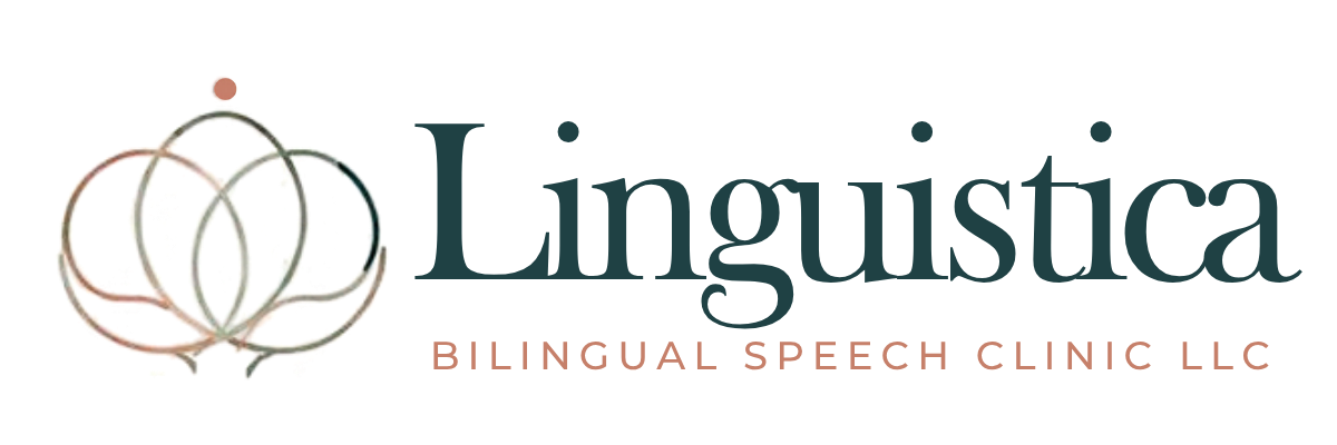 Linguistica Bilingual Speech Clinic LLC logo with an abstract design of three overlapping speech bubbles and a dot above them in muted pastel colors.