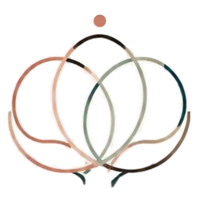 Abstract circular design with three overlapping loops in soft brown, beige, and grey tones and a small solid brown dot above the center.