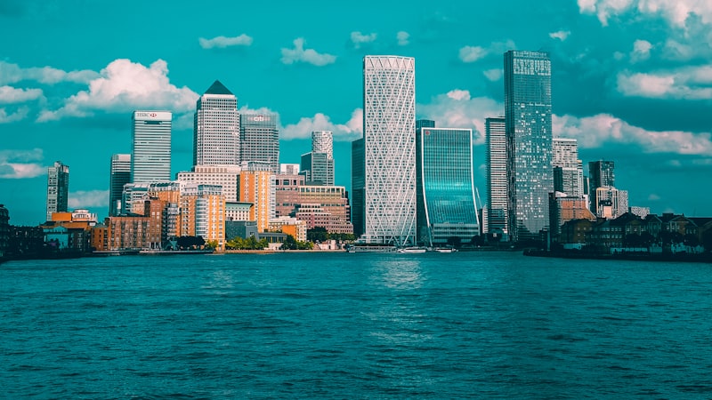 Canary Wharf commercial towers across the water, London