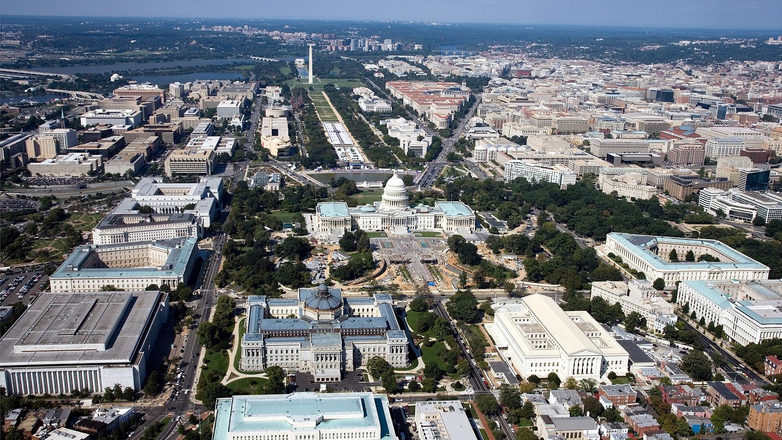 Aerial view of Washington DC office and government buildings around the US Capitol