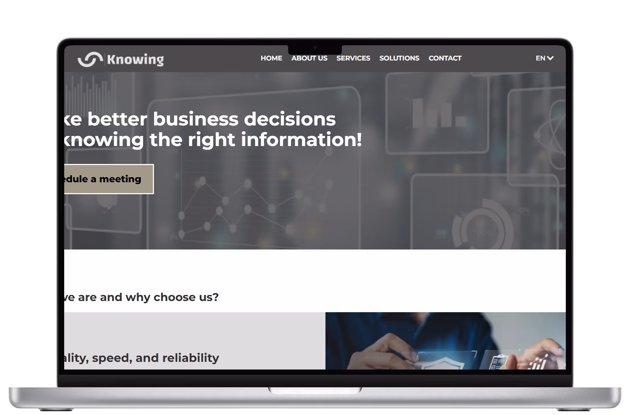 Knowing.rs consulting and data analyst company mockup website on a Macbook