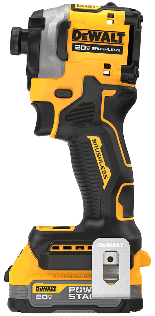 Yellow and black DEWALT 20V Max brushless cordless power drill with metal belt clip.