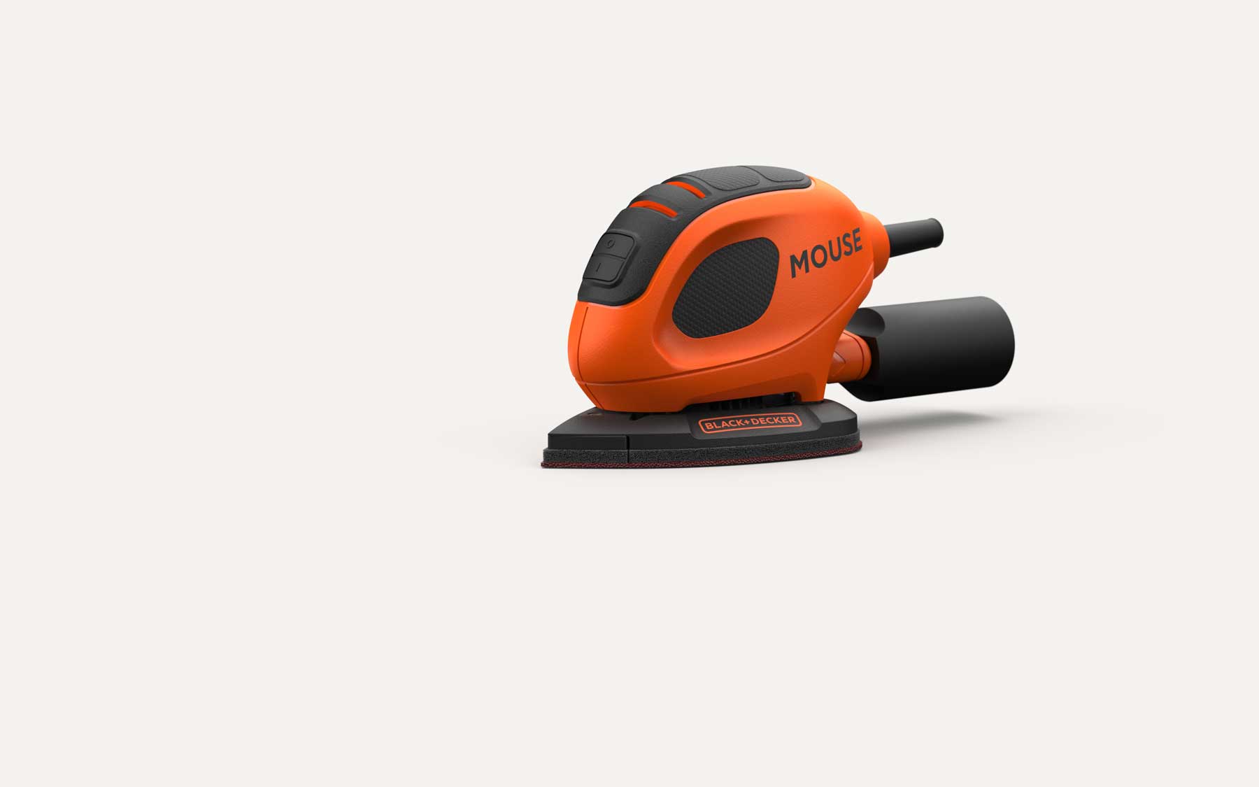 Orange and black Black+Decker electric mouse detail sander with a dust collection attachment.