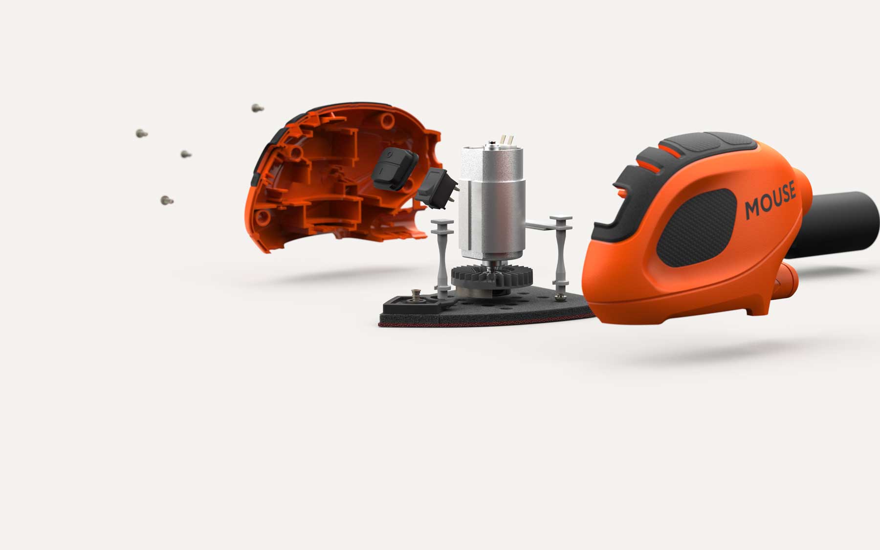 Orange handheld power tool disassembled showing casing, motor, and internal components.