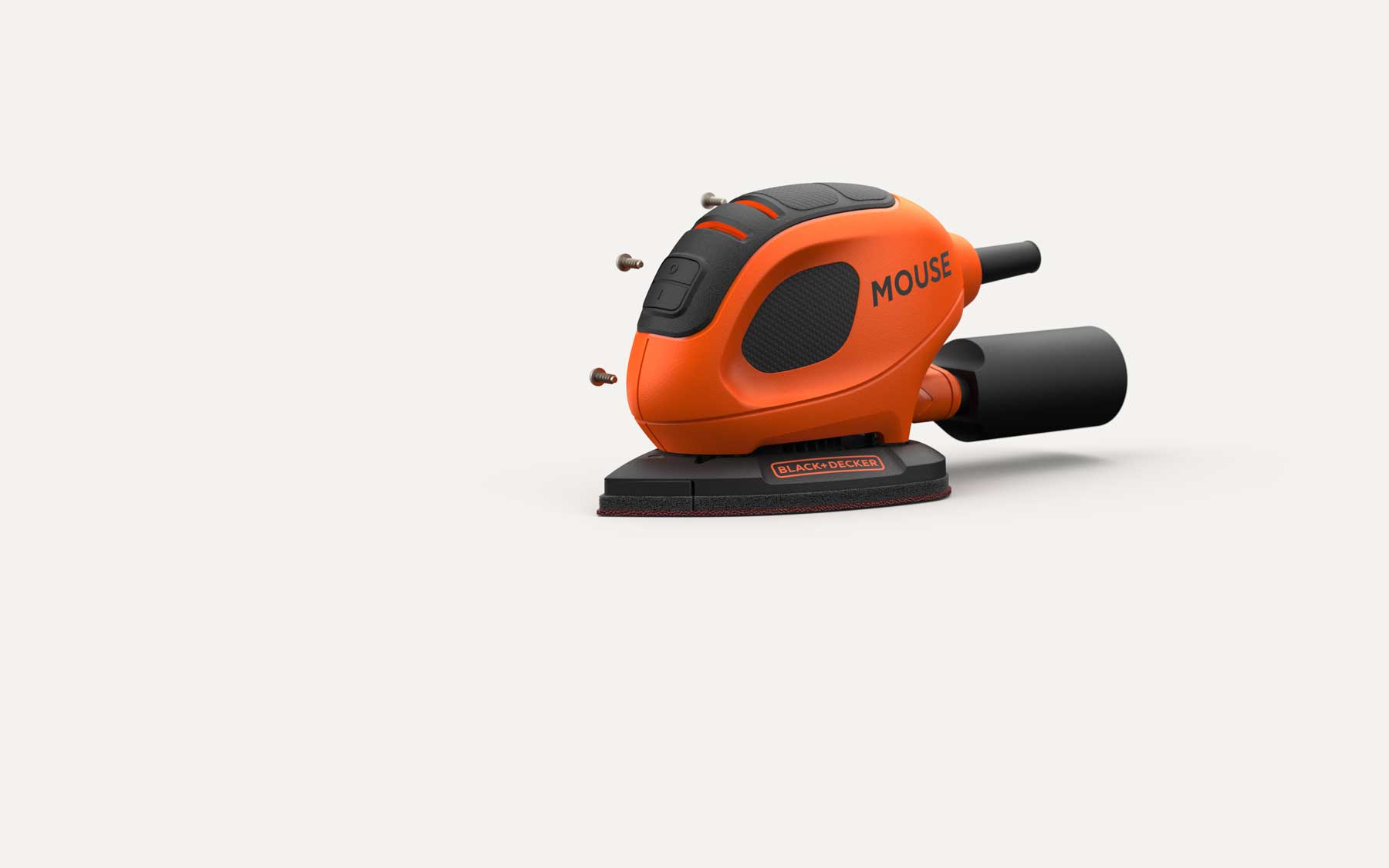 Orange Black+Decker MOUSE detail sander with three screws floating beside it on white background.