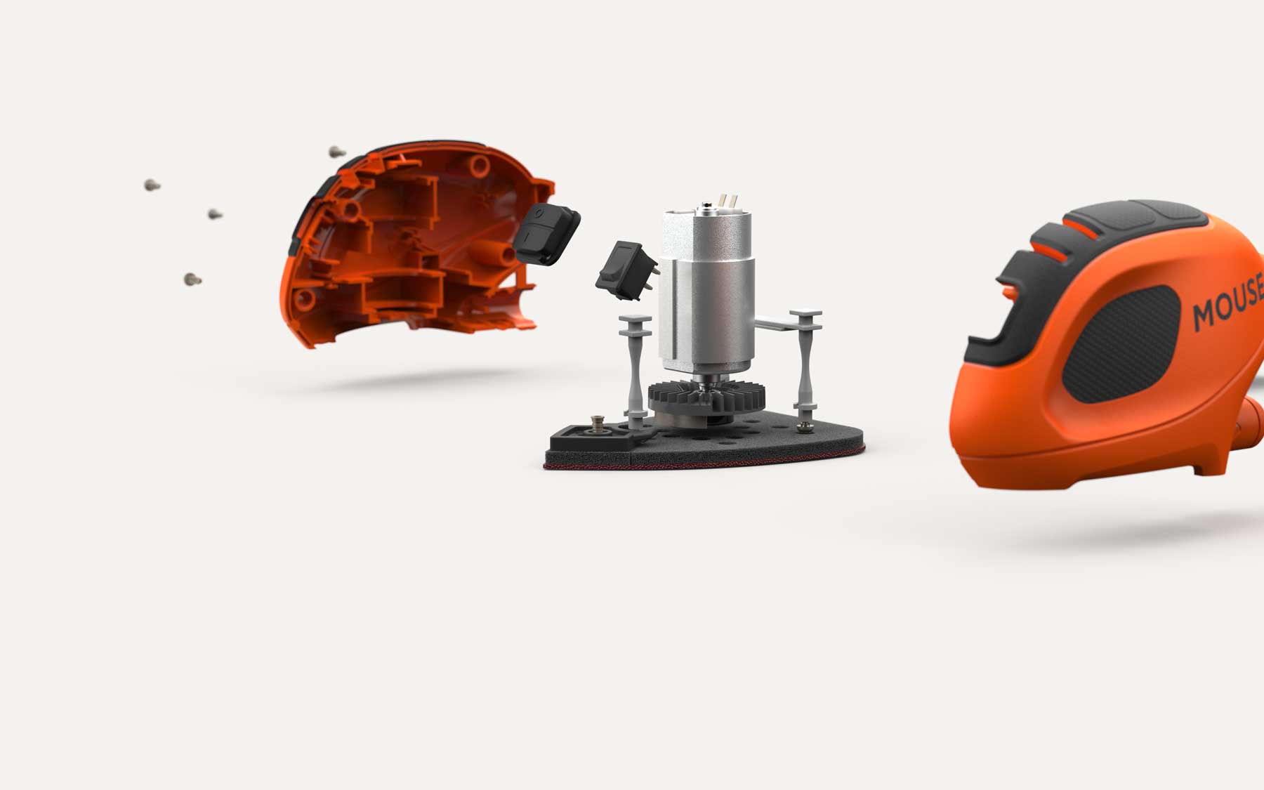 Exploded view of an orange electric tool showing its motor, switches, screws, and outer casing parts.